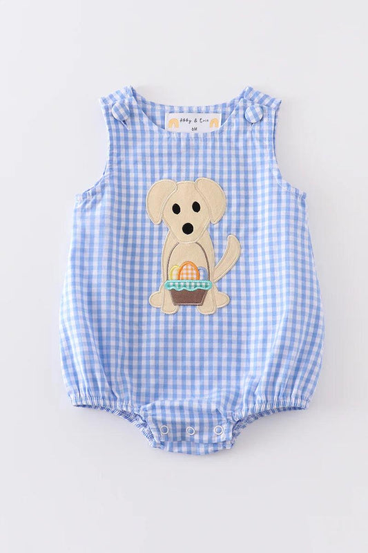 Blue Plaid Dog applique boy bubble - Kaislee's Boutique