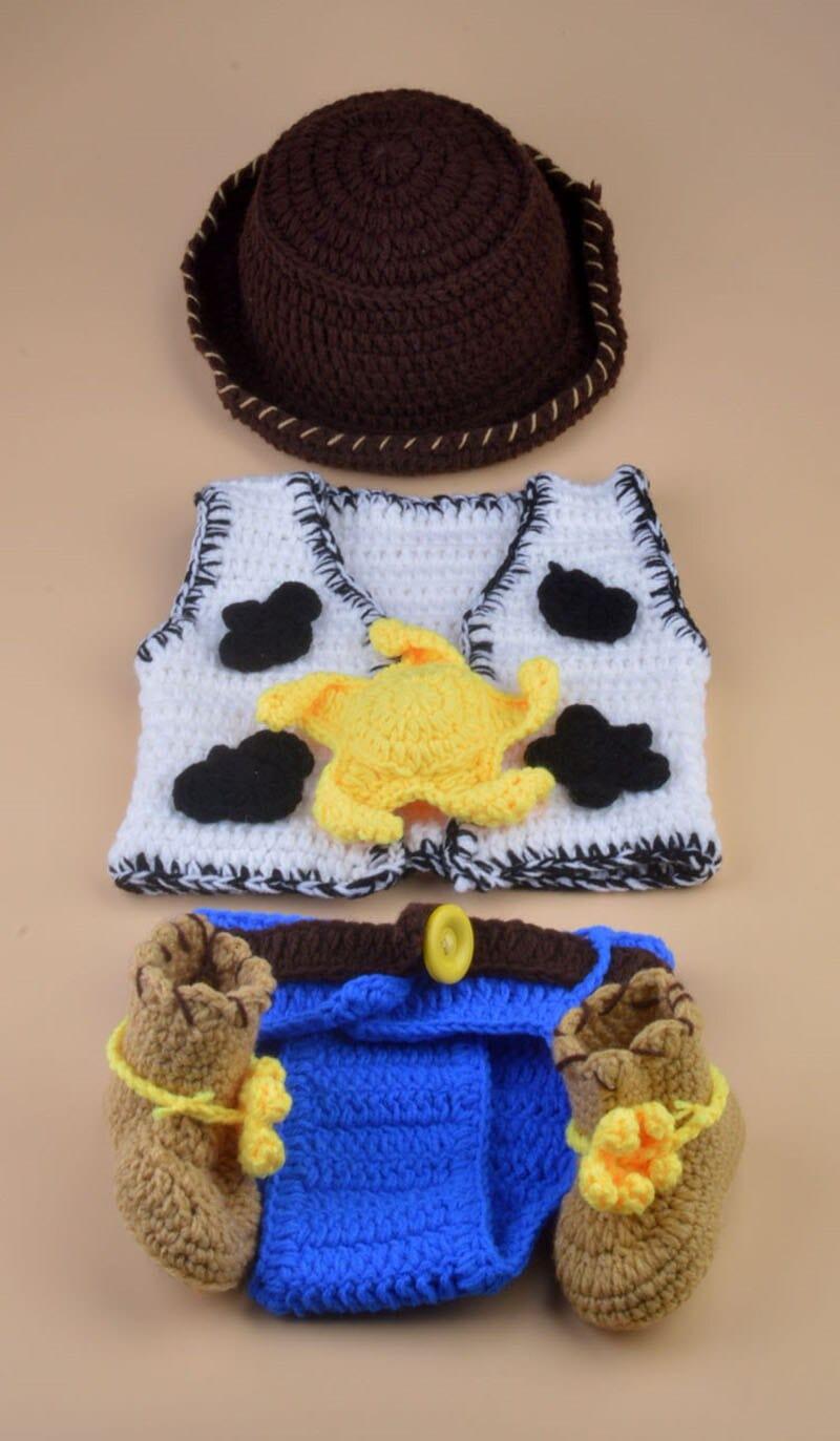 Crochet Newborn Baby Cowboy Outfit Baby Boy Photo Props Cowboy Boots Hat and Diaper Cover with Vest 5 Pieces Set Clothes H253 - Kaislee's Boutique