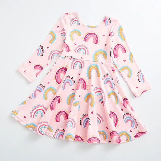 Girls Rainbow Print Knee Length Dress - Kaislee's Boutique