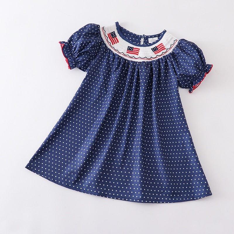 4th Of July Baby Girl Navy Dots Smocked Dress or Bloomer Outfit - Kaislee's Boutique