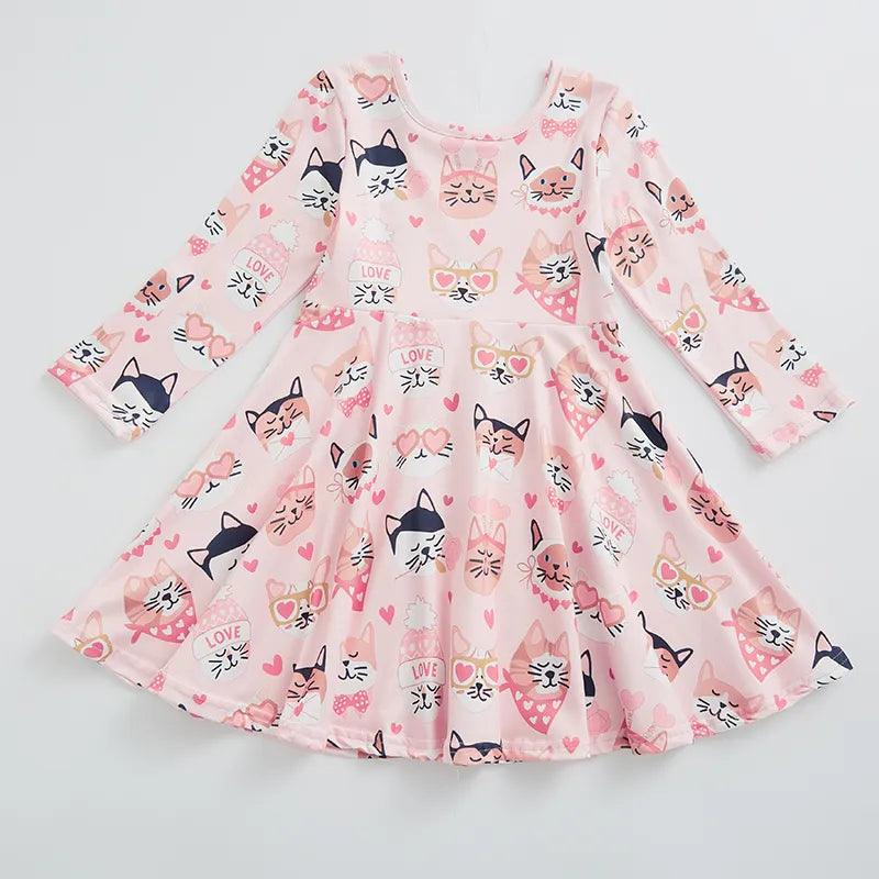 Girls Cat Print Knee Length Dress - Kaislee's Boutique