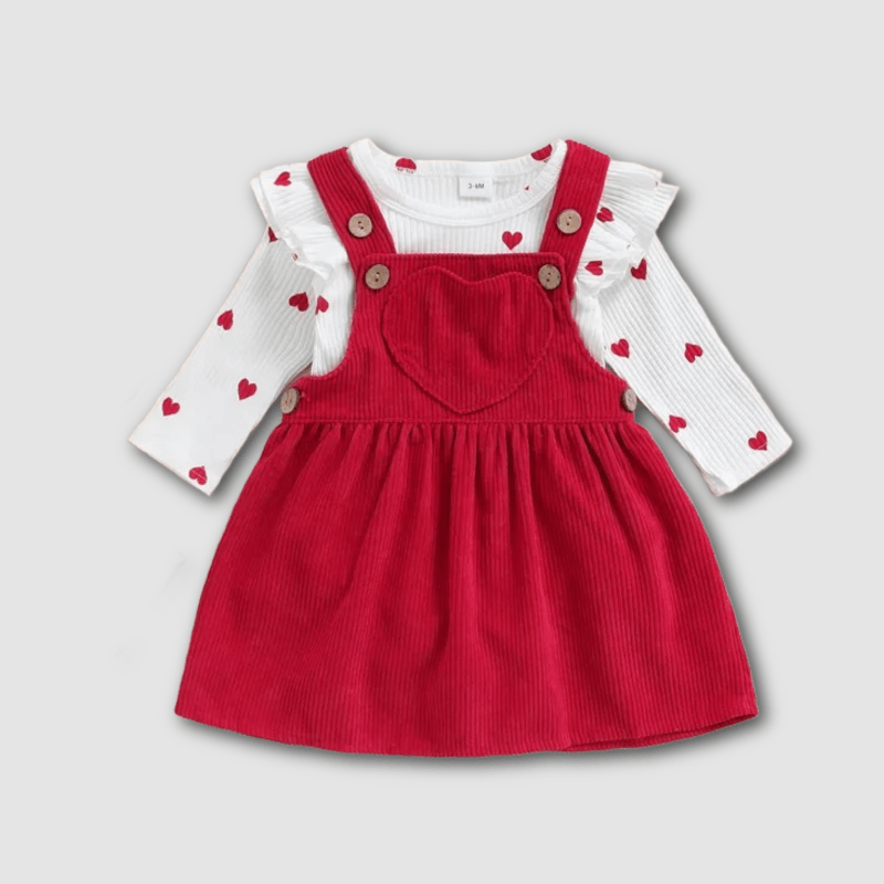 Heart Pattern Ruffle Long Sleeve Romper with Corduroy Suspender Skirt - Kaislee's Boutique