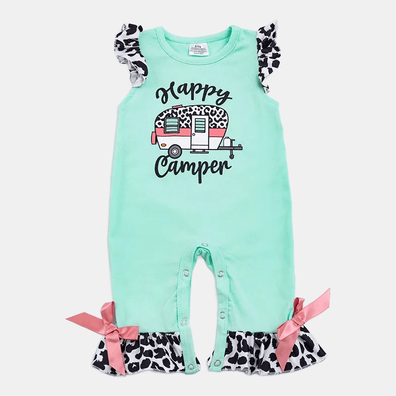 Happy Camper Romper with Cow Print Ruffles - Kaislee's Boutique