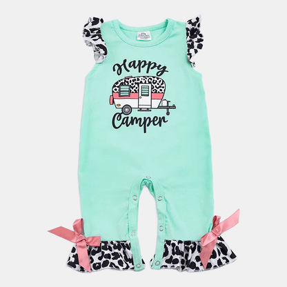 Happy Camper Romper with Cow Print Ruffles - Kaislee's Boutique