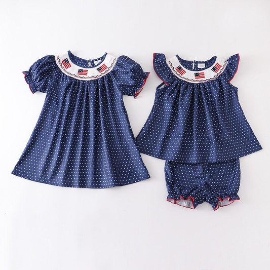 4th Of July Baby Girl Navy Dots Smocked Dress or Bloomer Outfit - Kaislee's Boutique