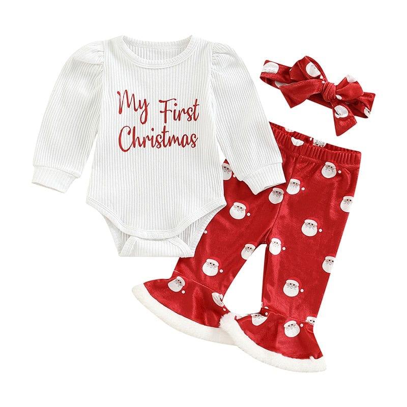 Santa Claus Print Flare Pants with Bodysuit and Headband - Kaislee's Boutique